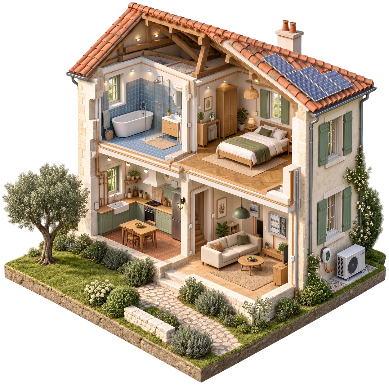 Maison en coupe montrant les interventions courantes d’un électricien, illustration générée par IA